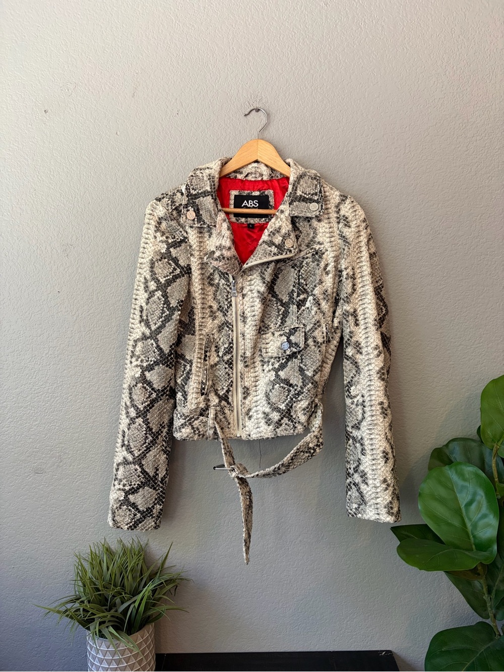 ABS Allen Schwartz Beige and Black Faux Snakeskin Moto Jacket with Red Lining